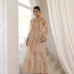 Vestido Renda Midi Areia