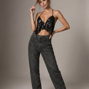 Calça Jeans Straight Pérolas Noblesse Preta